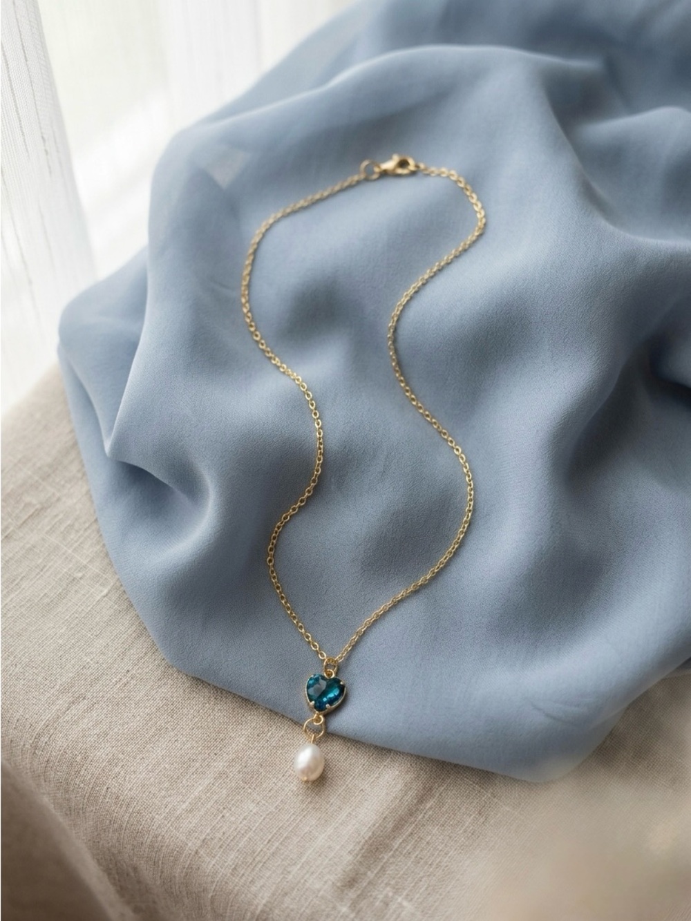 Gold Chain Necklace with Blue Heart Crystal and Pearl Drop